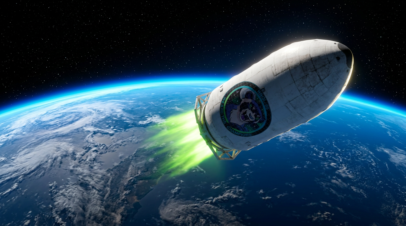 Payload fairing carrying the mission emblem in orbit above Earth